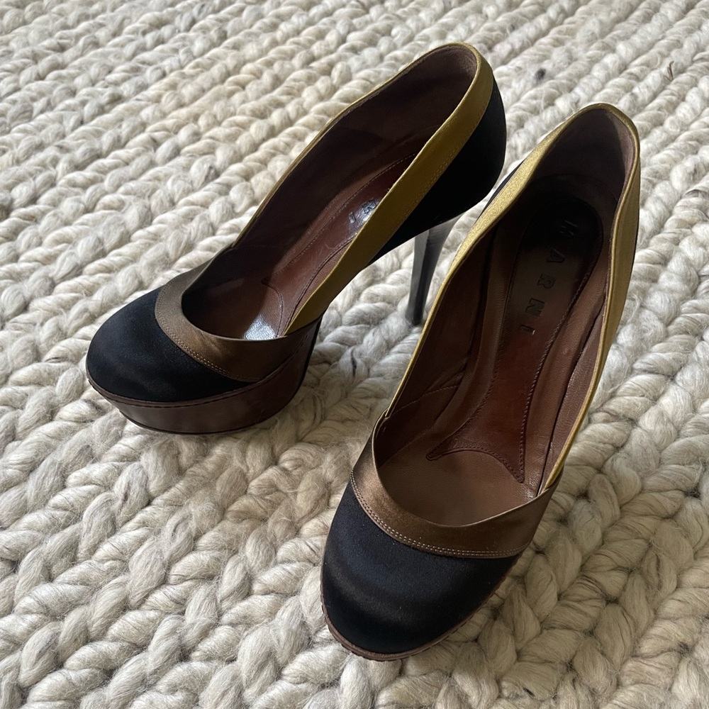 Marni Color Block Satin and Leather Platform Heels